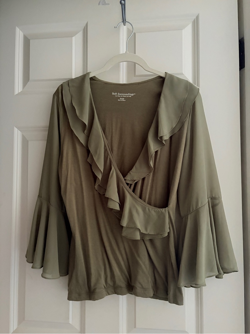 Soft Surroundings Olive Green Ruffled Wrap-Style Women's Top